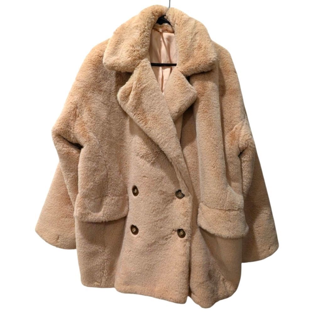 Free People Kate Oversized Faux-Fur Double-Breasted Coat Women's XL Apricot Tan - Picture 3 of 7